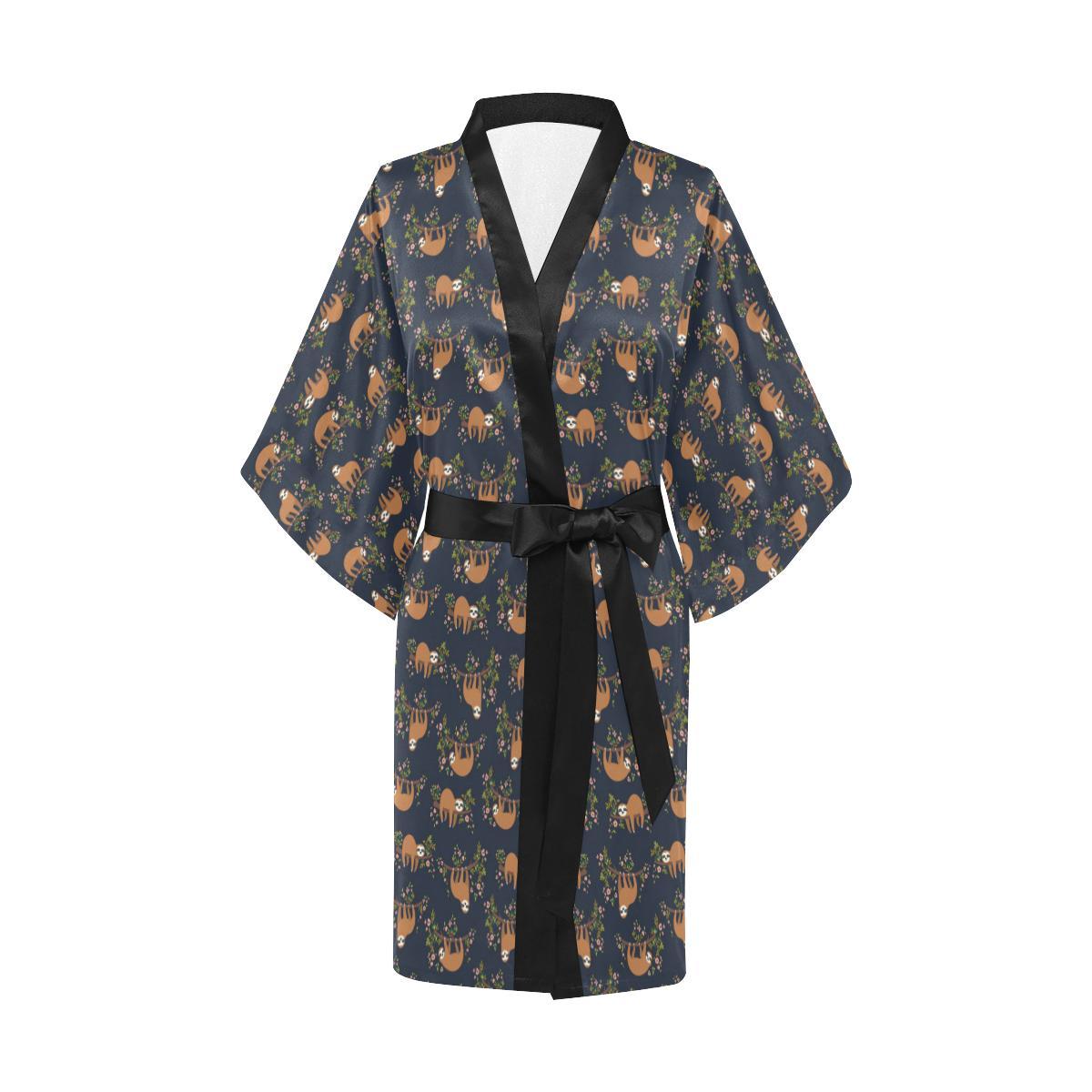 Sloth flower Design Themed Print Women Short Kimono Robe