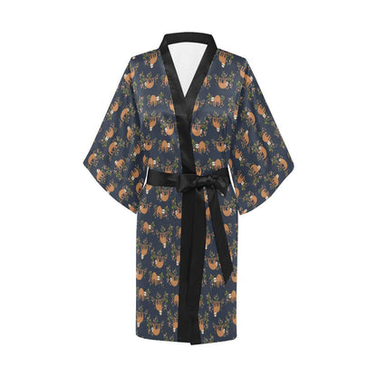 Sloth flower Design Themed Print Women Short Kimono Robe