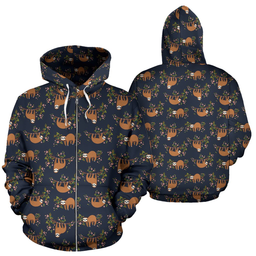 Sloth Flower Design Themed Print Zip Up Hoodie