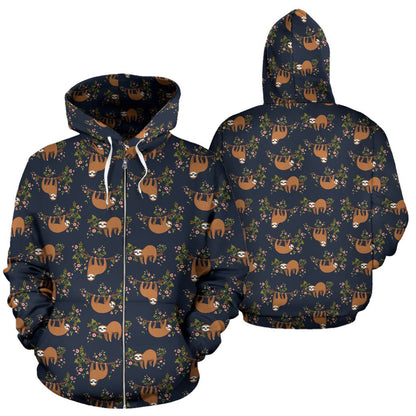 Sloth Flower Design Themed Print Zip Up Hoodie