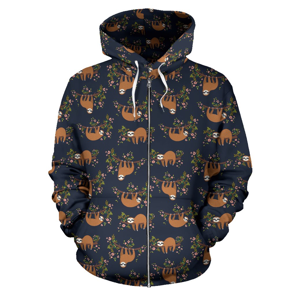 Sloth Flower Design Themed Print Zip Up Hoodie