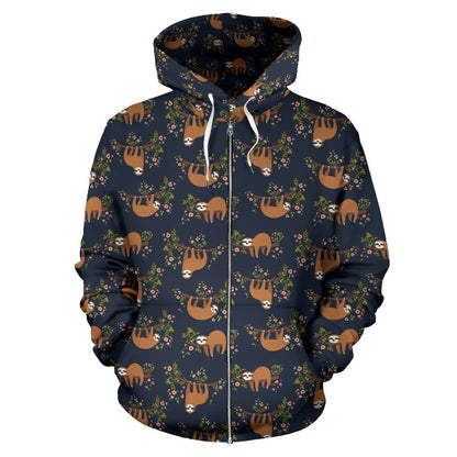 Sloth Flower Design Themed Print Zip Up Hoodie