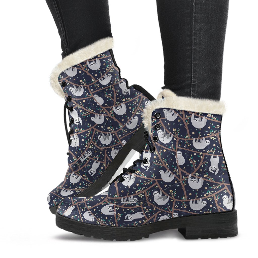 Sloth Happy Design Themed Print Faux Fur Leather Boots-JTAMIGO.COM