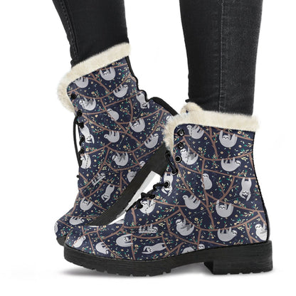 Sloth Happy Design Themed Print Faux Fur Leather Boots-JTAMIGO.COM