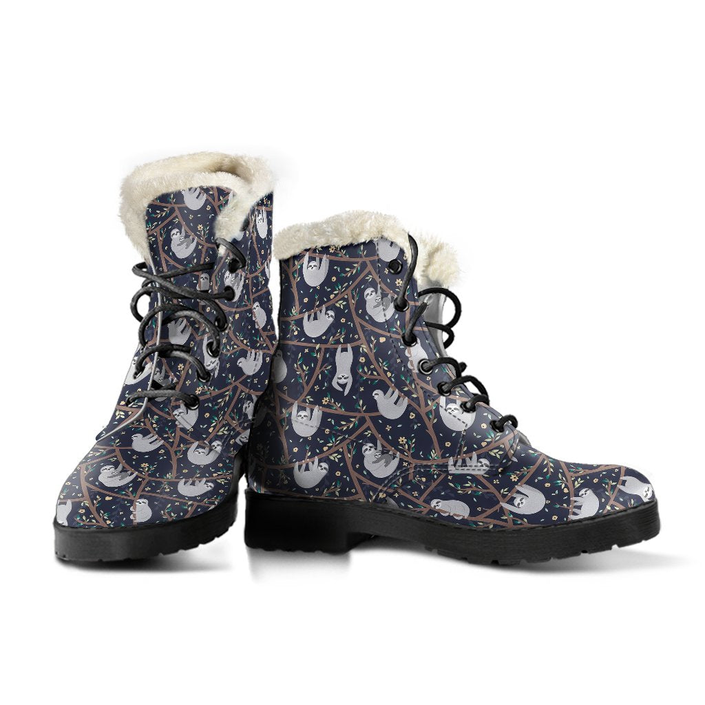 Sloth Happy Design Themed Print Faux Fur Leather Boots-JTAMIGO.COM