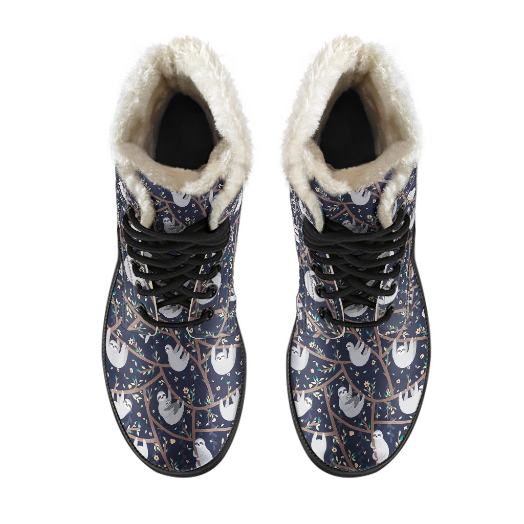 Sloth Happy Design Themed Print Faux Fur Leather Boots-JTAMIGO.COM