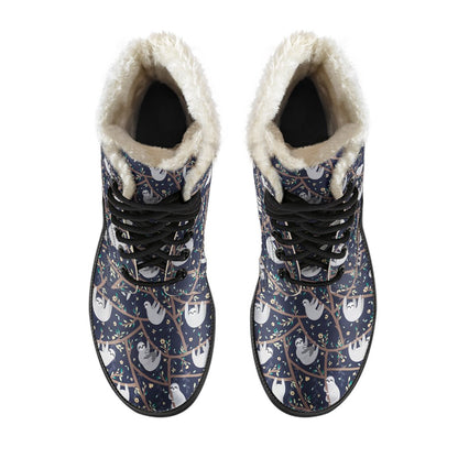 Sloth Happy Design Themed Print Faux Fur Leather Boots-JTAMIGO.COM