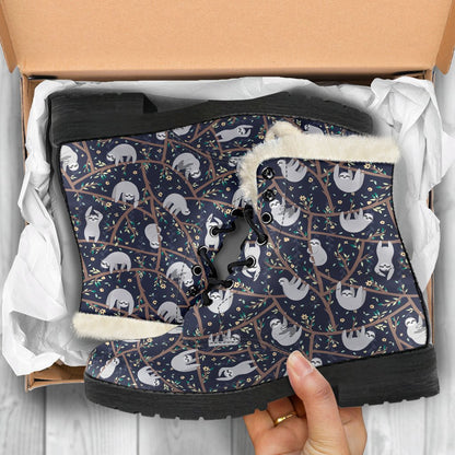 Sloth Happy Design Themed Print Faux Fur Leather Boots-JTAMIGO.COM