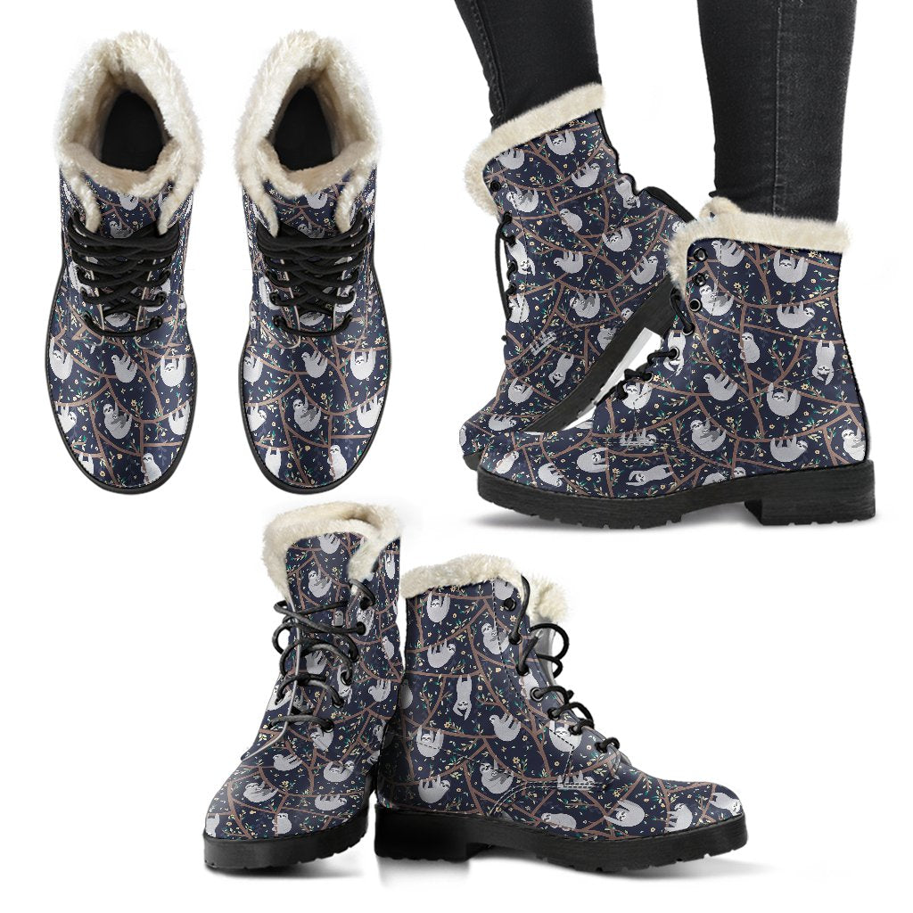 Sloth Happy Design Themed Print Faux Fur Leather Boots-JTAMIGO.COM