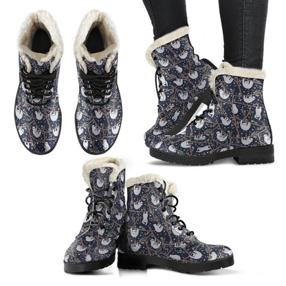 Sloth Happy Design Themed Print Faux Fur Leather Boots-JTAMIGO.COM