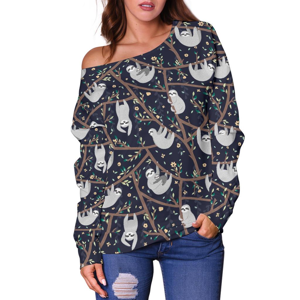 Sloth Happy Design Themed Print Off Shoulder Sweatshirt