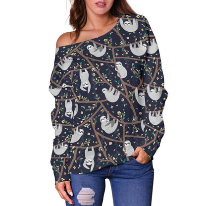 Sloth Happy Design Themed Print Off Shoulder Sweatshirt