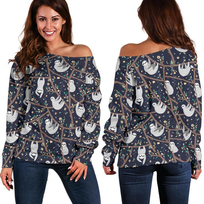 Sloth Happy Design Themed Print Off Shoulder Sweatshirt