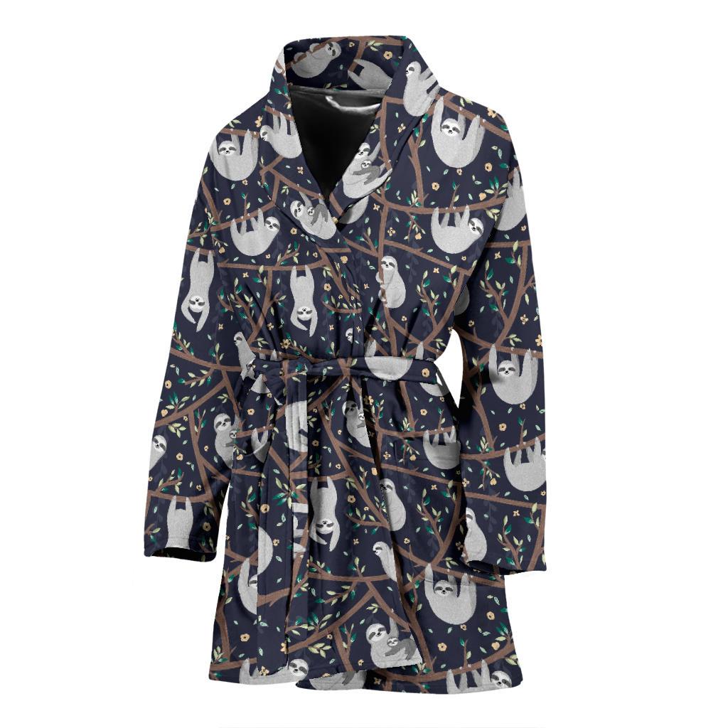 Sloth Happy Design Themed Print Women Bath Robe-JTAMIGO.COM