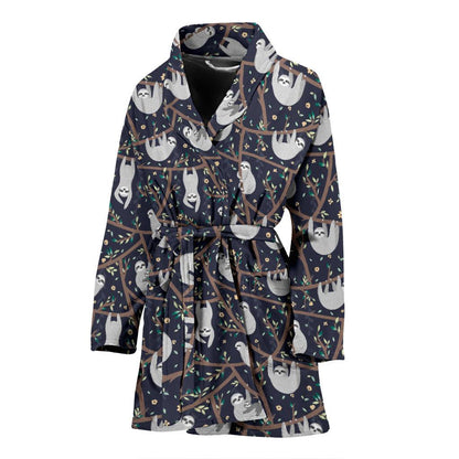 Sloth Happy Design Themed Print Women Bath Robe-JTAMIGO.COM