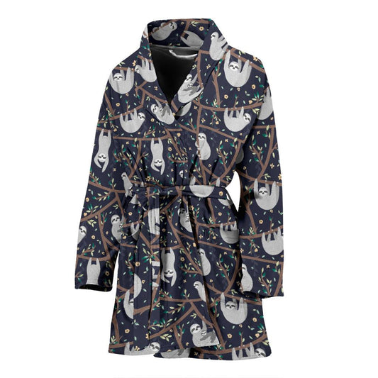 Sloth Happy Design Themed Print Women Bath Robe-JTAMIGO.COM