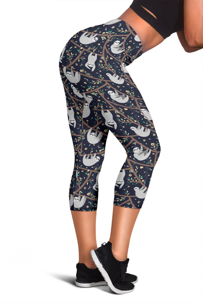 Sloth Happy Design Themed Print Women Capris