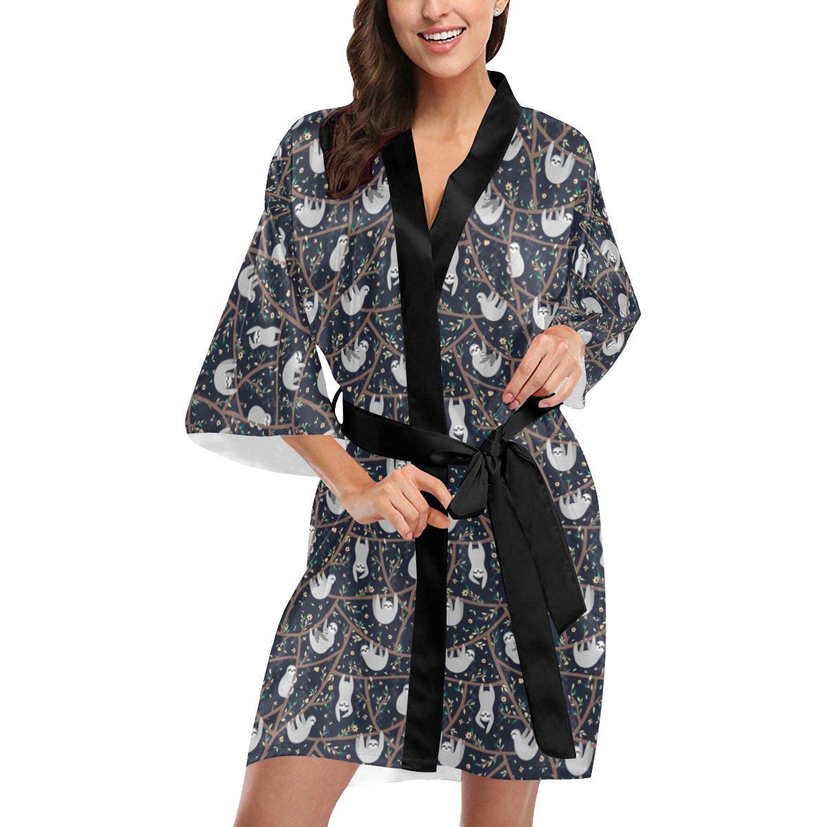 Sloth Happy Design Themed Print Women Short Kimono Robe