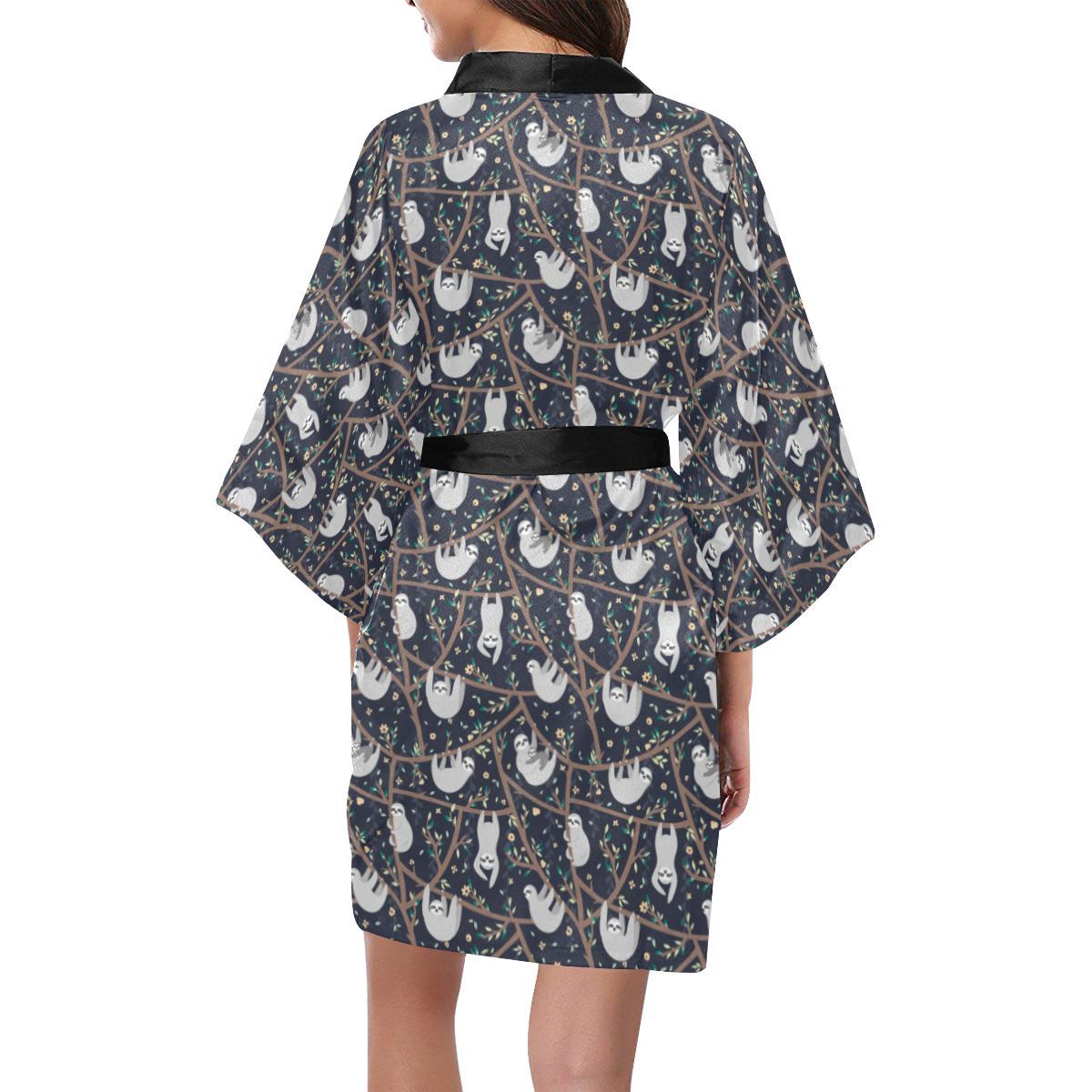 Sloth Happy Design Themed Print Women Short Kimono Robe
