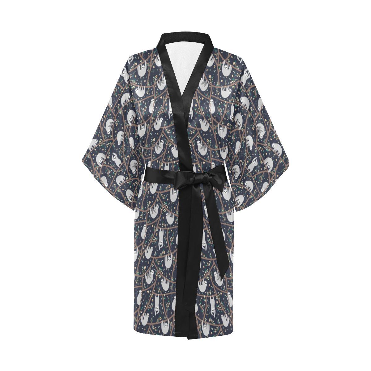 Sloth Happy Design Themed Print Women Short Kimono Robe