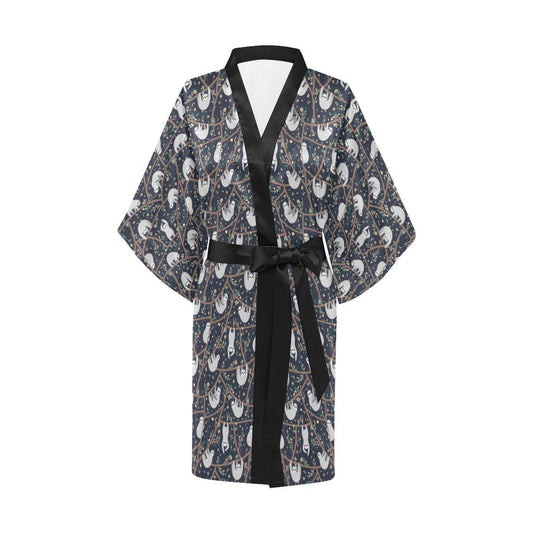 Sloth Happy Design Themed Print Women Short Kimono Robe