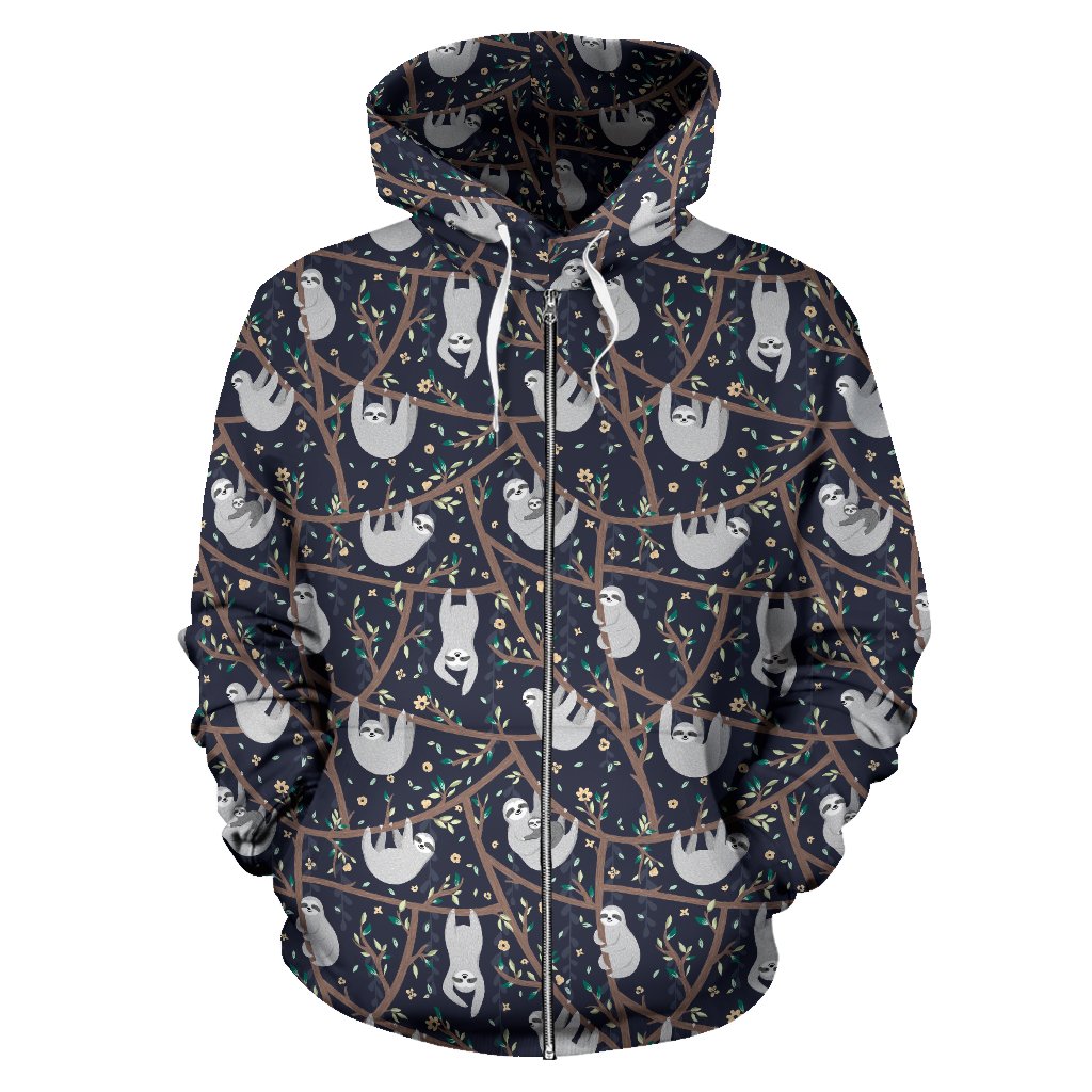 Sloth Happy Design Themed Print Zip Up Hoodie