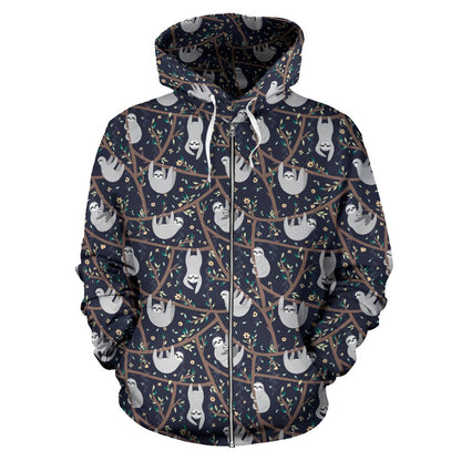 Sloth Happy Design Themed Print Zip Up Hoodie