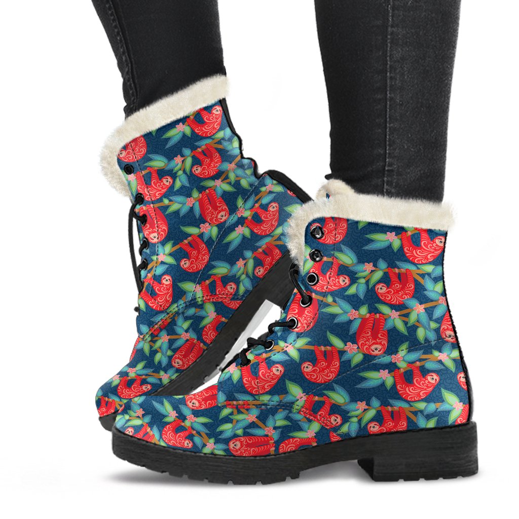 Sloth Red Design Themed Print Faux Fur Leather Boots-JTAMIGO.COM