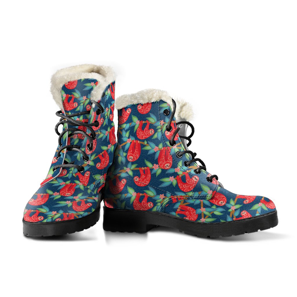 Sloth Red Design Themed Print Faux Fur Leather Boots-JTAMIGO.COM