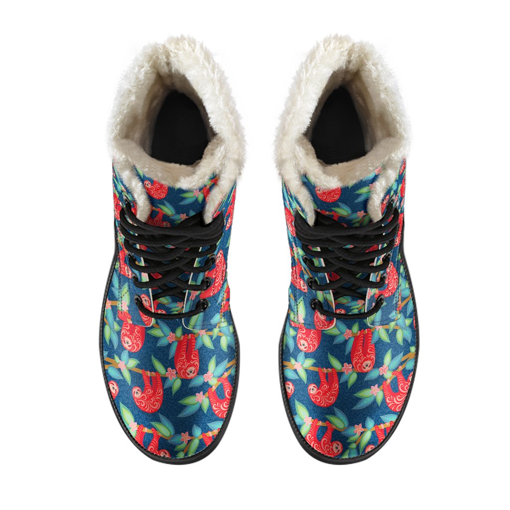 Sloth Red Design Themed Print Faux Fur Leather Boots-JTAMIGO.COM