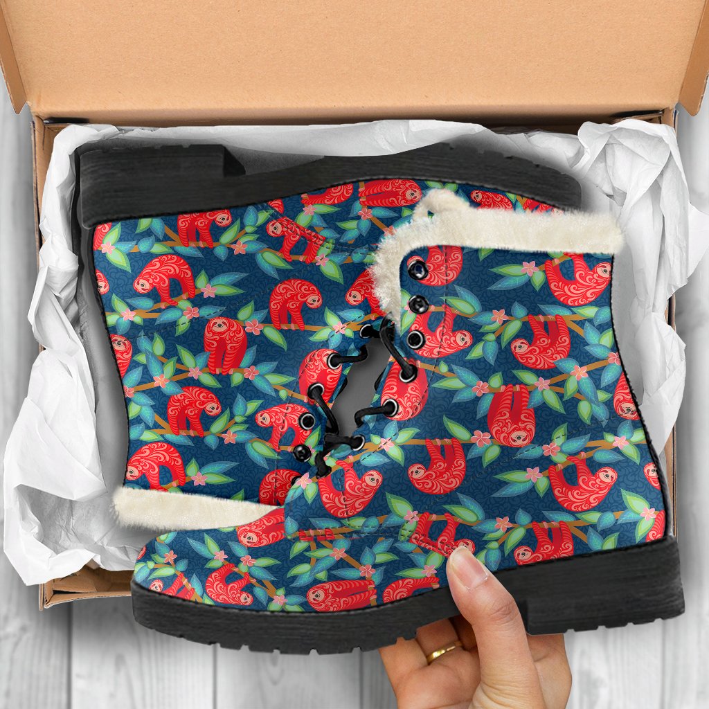 Sloth Red Design Themed Print Faux Fur Leather Boots-JTAMIGO.COM