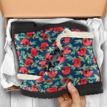 Sloth Red Design Themed Print Faux Fur Leather Boots-JTAMIGO.COM