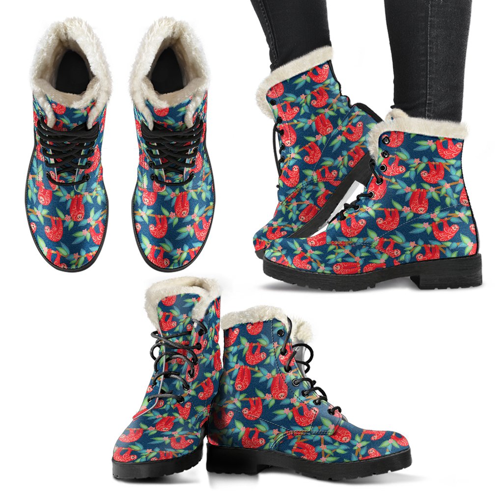 Sloth Red Design Themed Print Faux Fur Leather Boots-JTAMIGO.COM