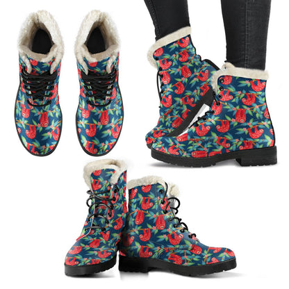 Sloth Red Design Themed Print Faux Fur Leather Boots-JTAMIGO.COM
