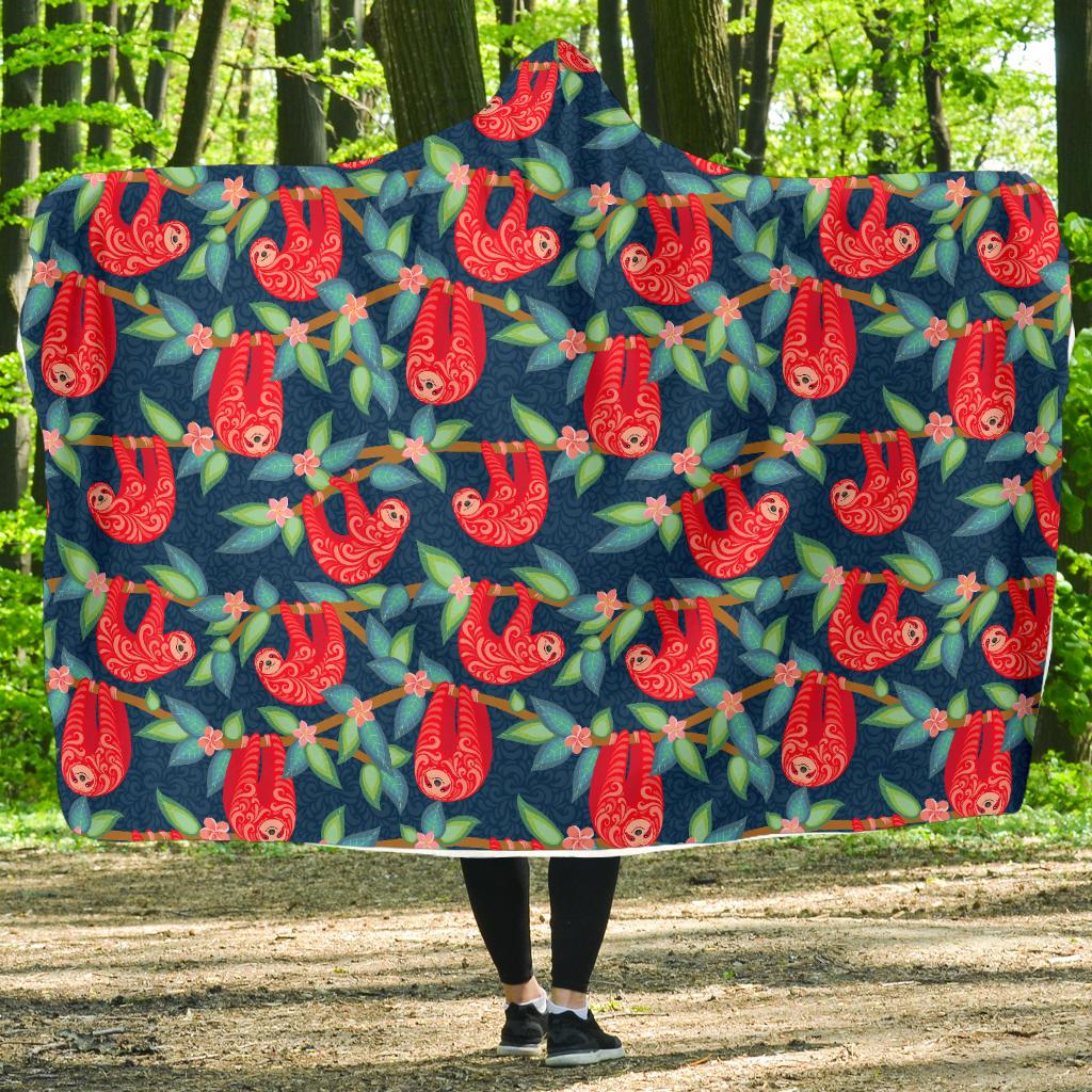 Sloth Red Design Themed Print Hooded Blanket-JTAMIGO.COM