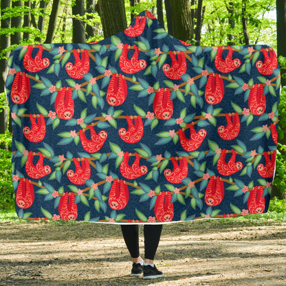 Sloth Red Design Themed Print Hooded Blanket-JTAMIGO.COM