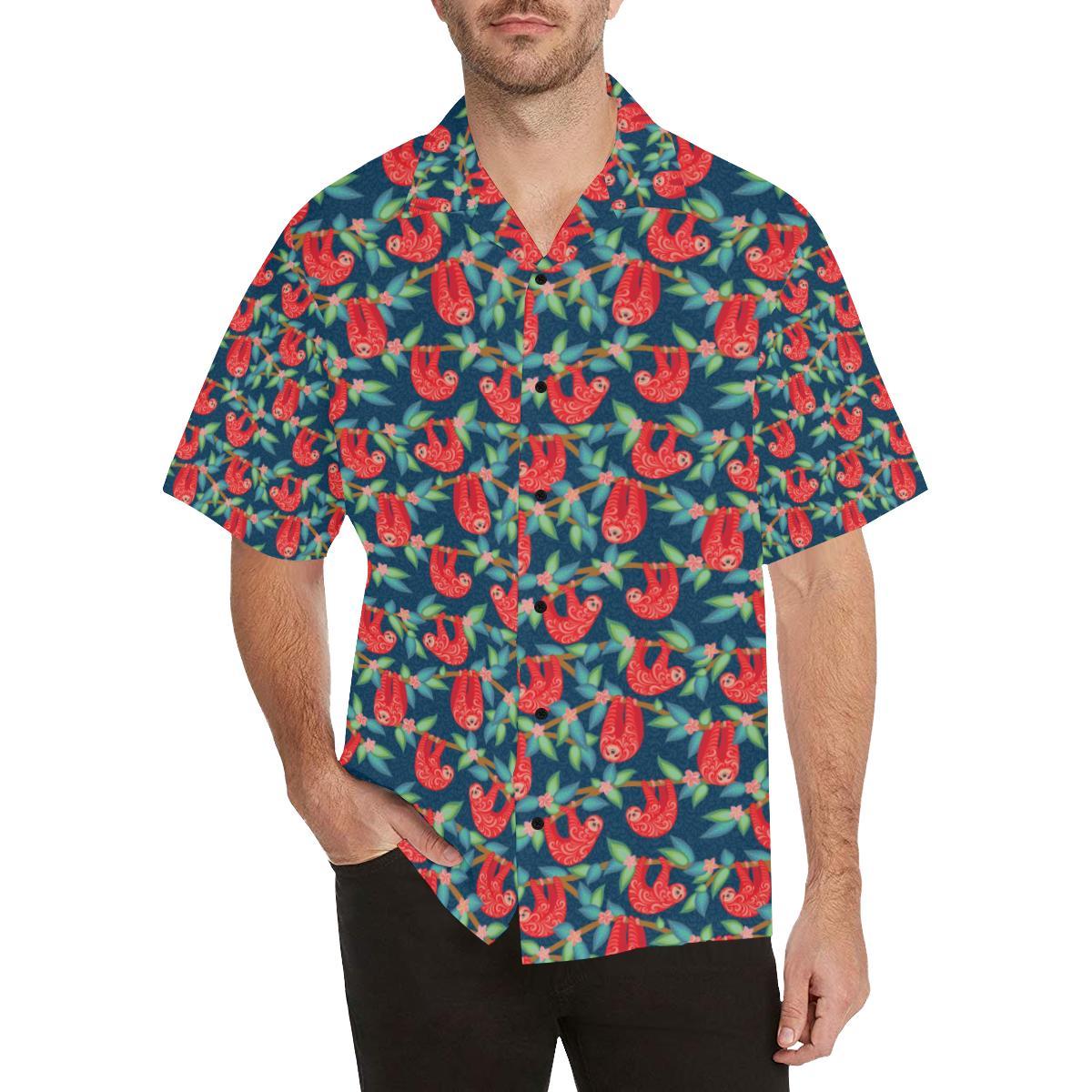 Sloth Red Design Themed Print Men Aloha Hawaiian Shirt
