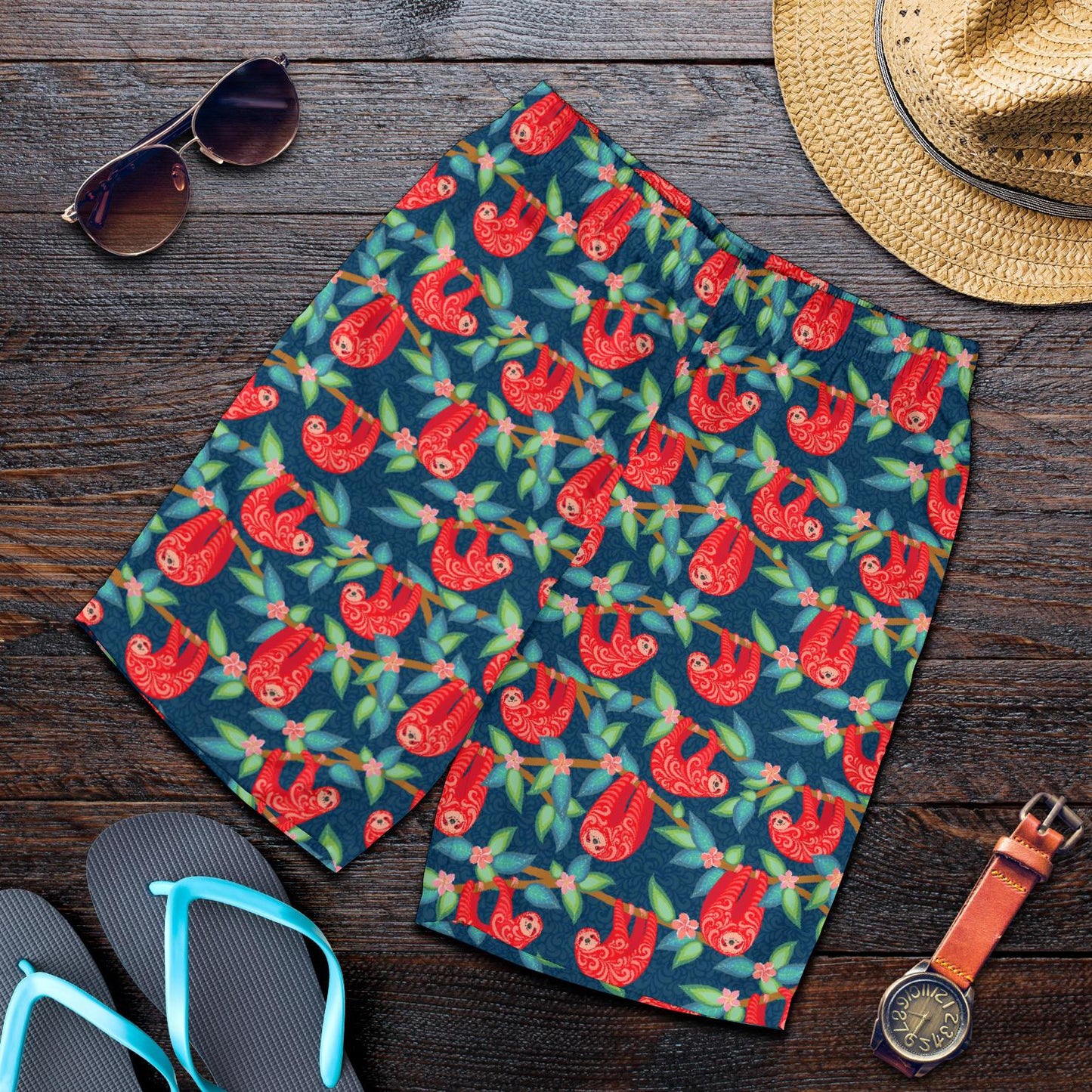Sloth Red Design Themed Print Mens Shorts-JTAMIGO.COM