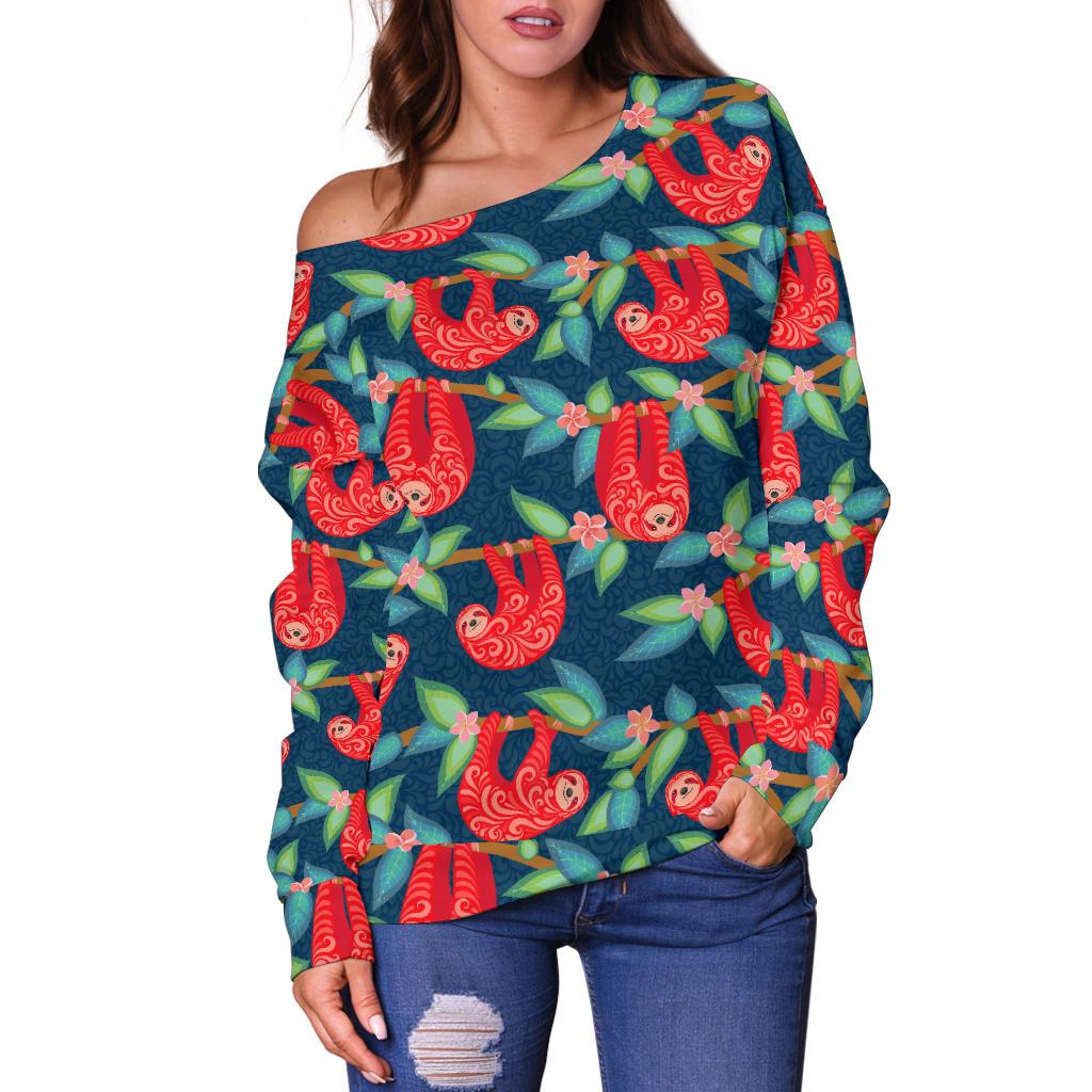 Sloth Red Design Themed Print Off Shoulder Sweatshirt