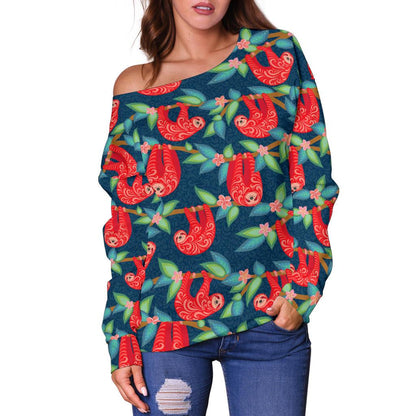 Sloth Red Design Themed Print Off Shoulder Sweatshirt