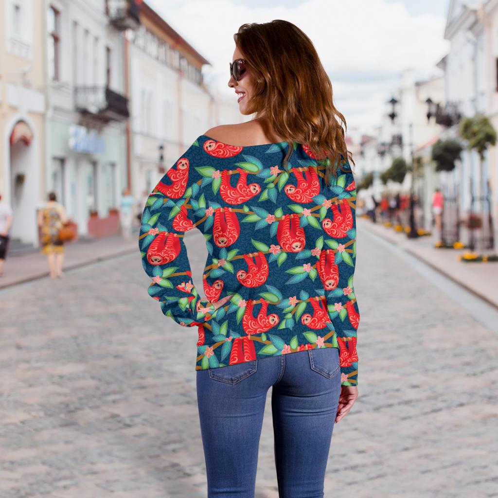 Sloth Red Design Themed Print Off Shoulder Sweatshirt
