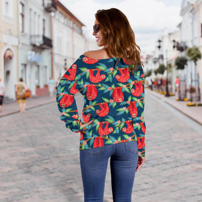 Sloth Red Design Themed Print Off Shoulder Sweatshirt
