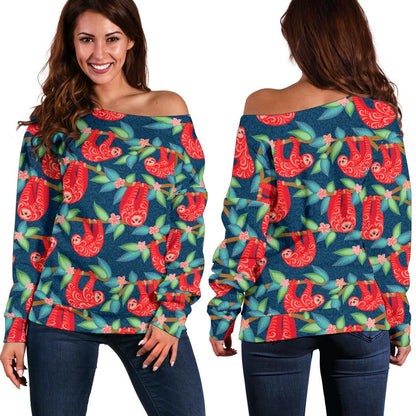 Sloth Red Design Themed Print Off Shoulder Sweatshirt