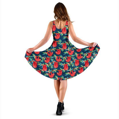 Sloth Red Design Themed Print Sleeveless Dress