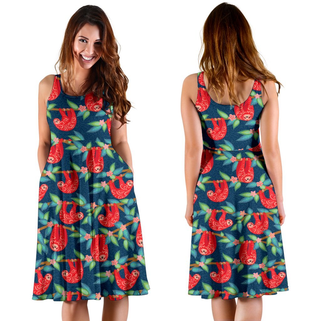 Sloth Red Design Themed Print Sleeveless Dress