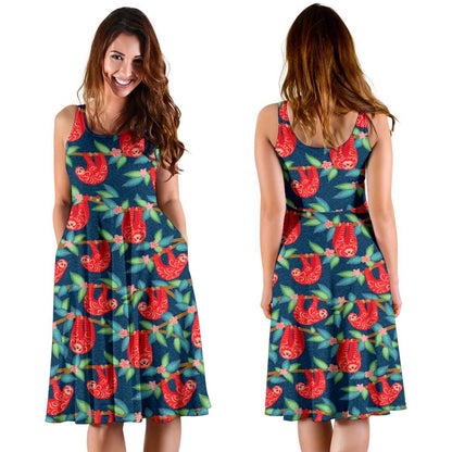 Sloth Red Design Themed Print Sleeveless Dress