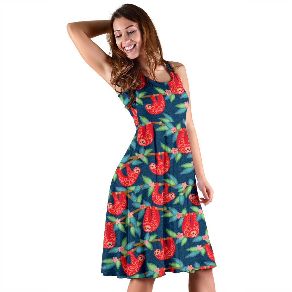 Sloth Red Design Themed Print Sleeveless Dress