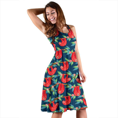 Sloth Red Design Themed Print Sleeveless Dress
