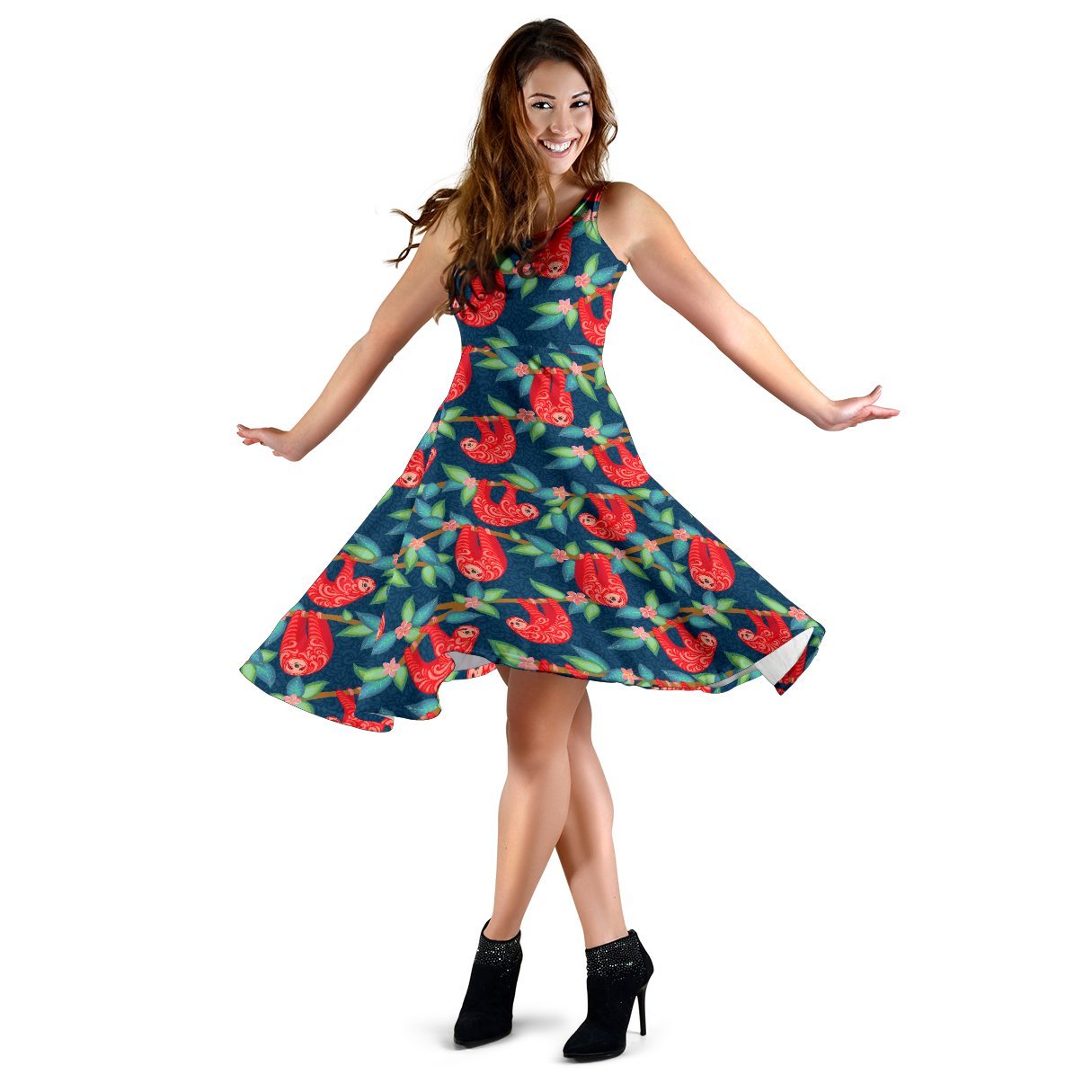 Sloth Red Design Themed Print Sleeveless Dress