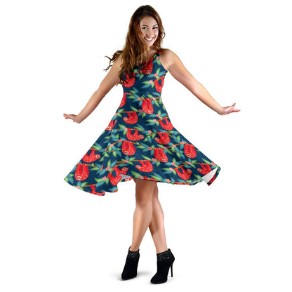 Sloth Red Design Themed Print Sleeveless Dress